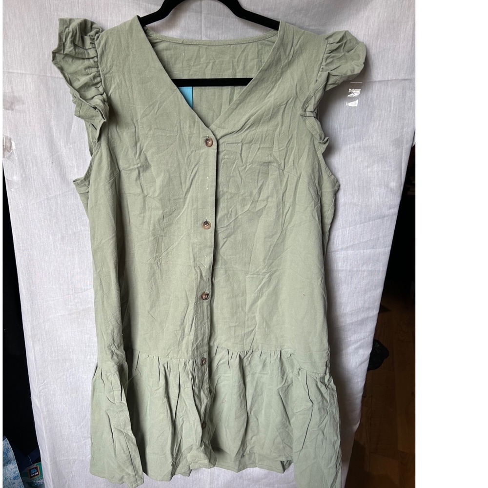 Cupshe Womens Sage Green Ruffle Cap Sleeve Button Front Mini Dress Large New